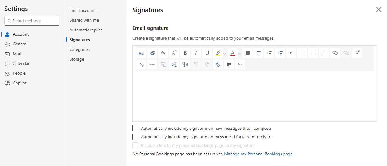 OWA Signatures settings page showing roaming signatures are disabled
