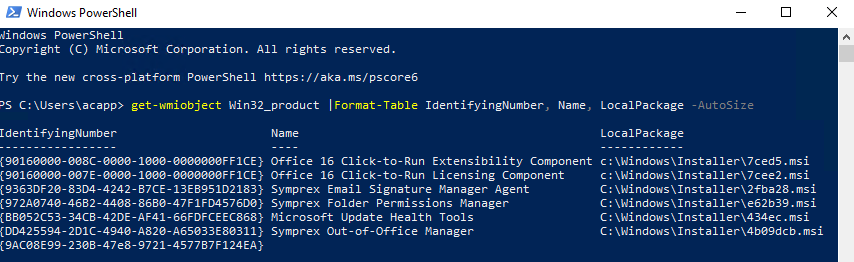 PowerShell output showing Email Signature Manager agent MSI identifying number and local package path