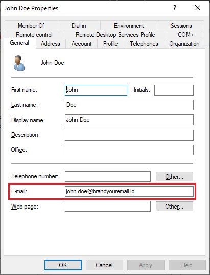Active Directory user Properties General tab showing E-mail field