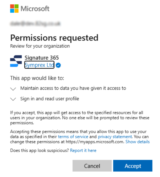 Microsoft sign-in dialog requesting permission acceptance for Signature 365