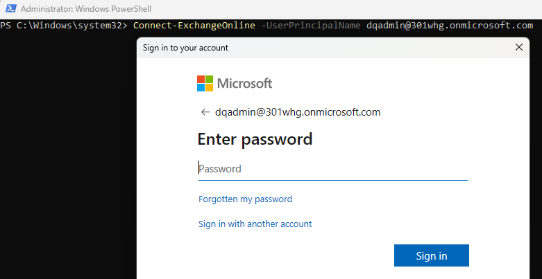 PowerShell Exchange Online login prompt for Global Administrator credentials