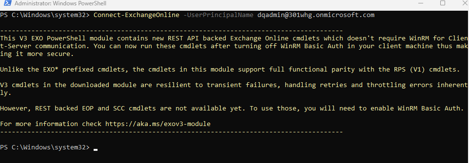 PowerShell window showing successful connection to Exchange Online