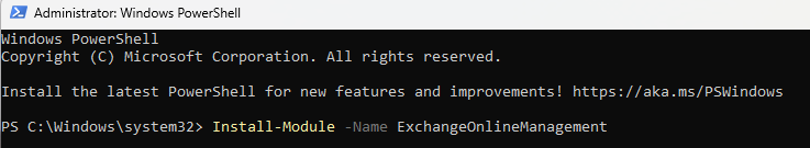 PowerShell window with Install-Module ExchangeOnlineManagement command