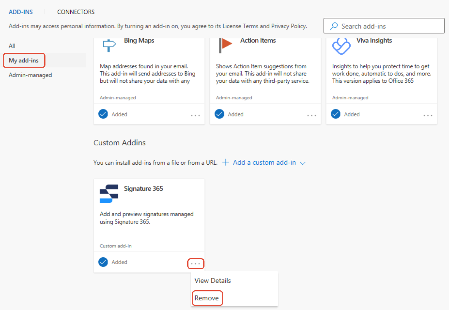 Custom Addins section showing Manage Add-in button with Remove option