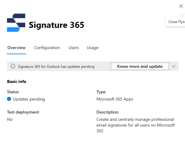 Signature 365 app flyout with Know more and update button
