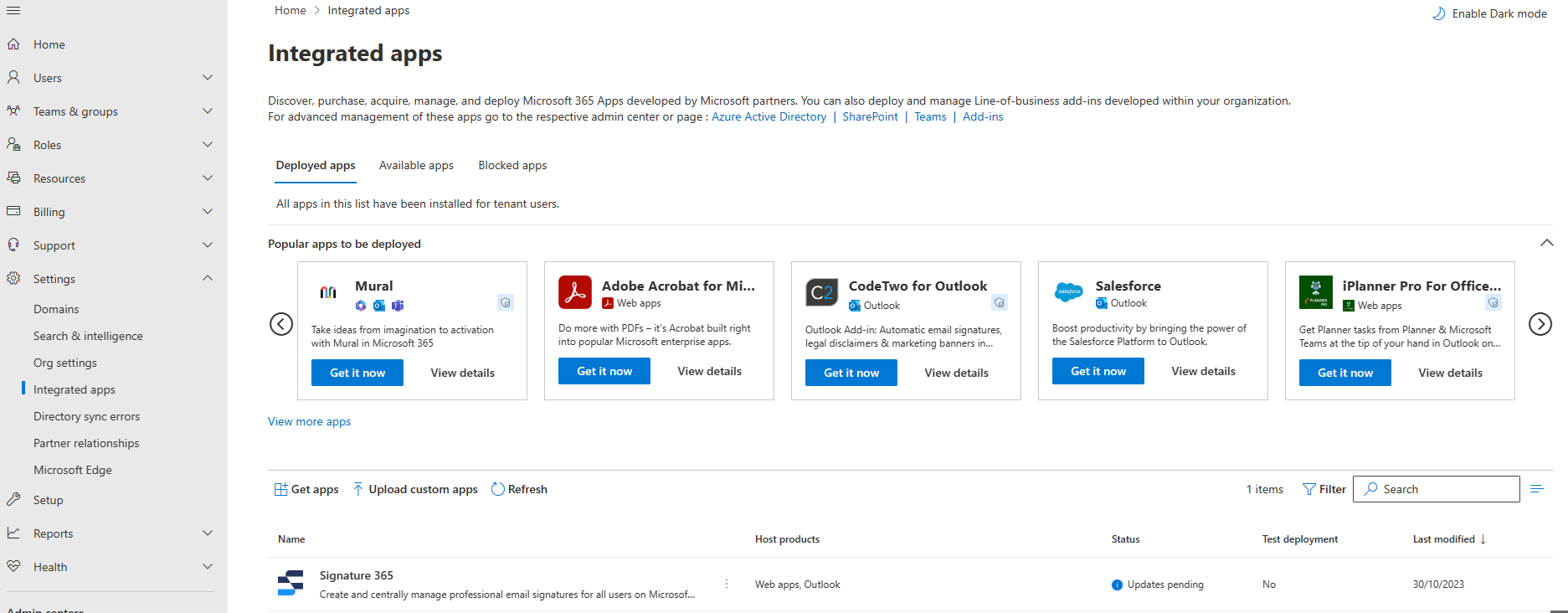 Integrated apps page showing Signature 365 with Updates pending status