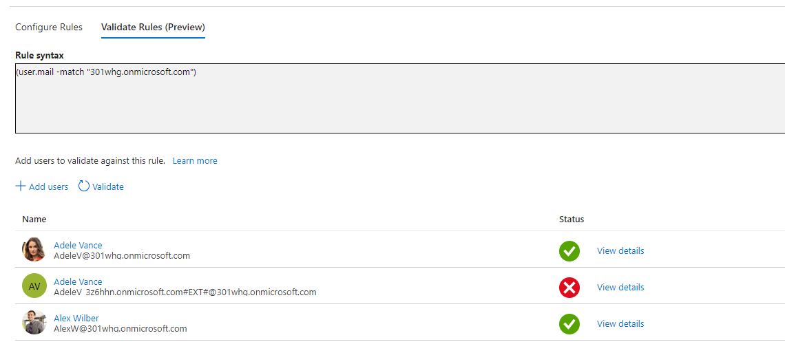 Entra ID dynamic group Validate Rules function testing the membership rule