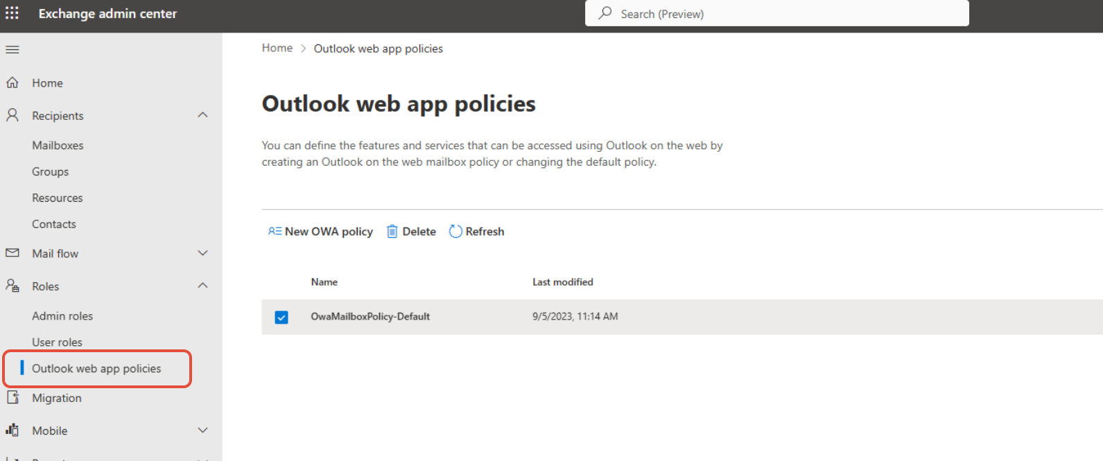 Exchange admin center showing Outlook web app policies option in menu