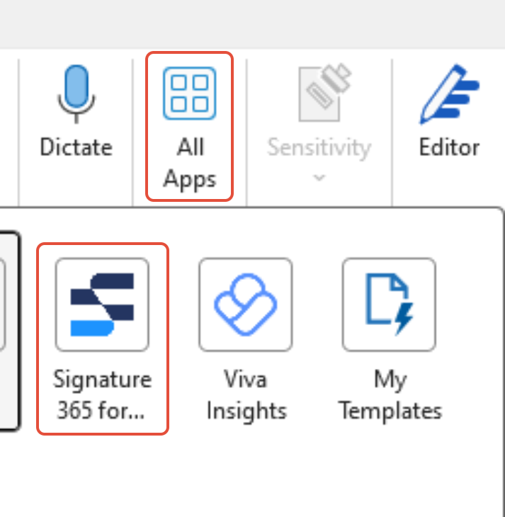 Outlook Add-ins button menu with Signature 365 option