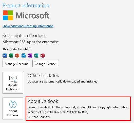 Outlook Office Account backstage showing version and build number under Product Information