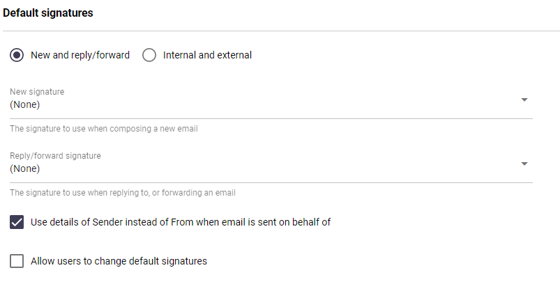 Rule Default signatures section with New emails and replies/forwards or Internal/External options