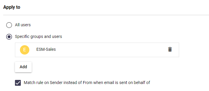 Rule settings showing the Match rule on Sender instead of From checkbox