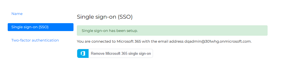 Manage page showing SSO has been successfully configured
