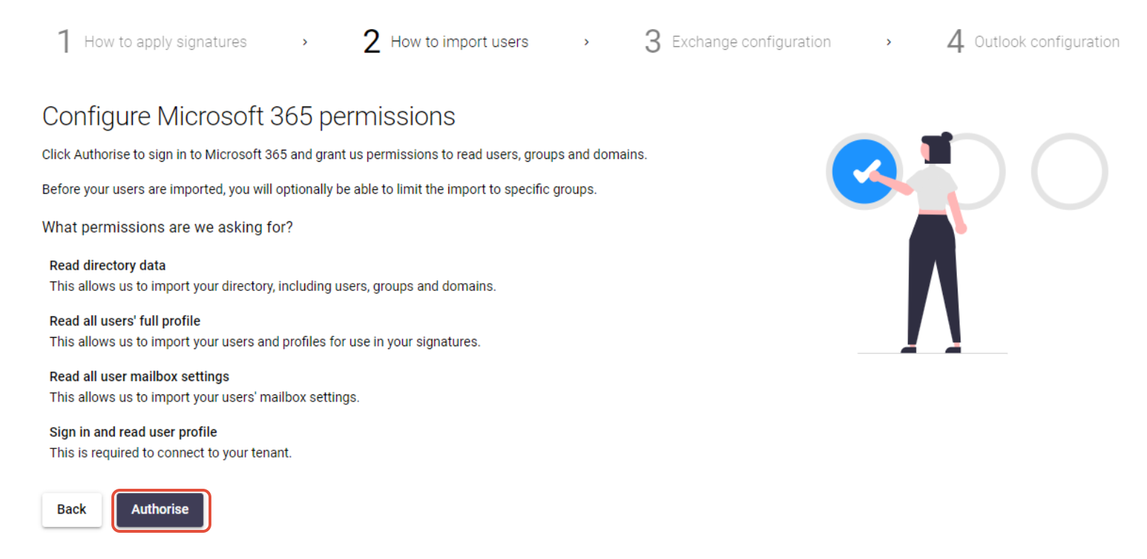 Setup wizard screen showing Azure Active Directory permissions and the Authorise button