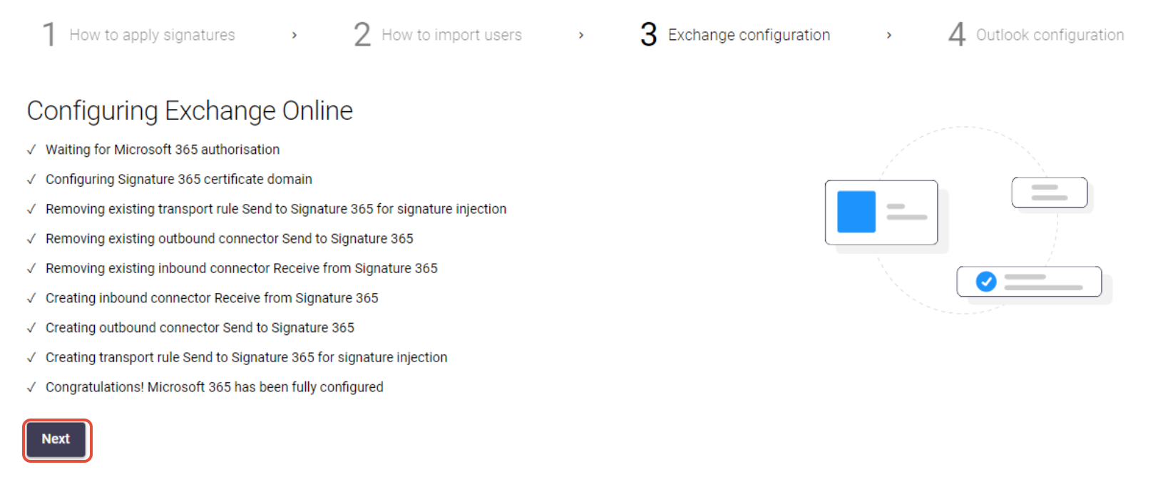 Setup wizard showing Microsoft 365 integration completed successfully