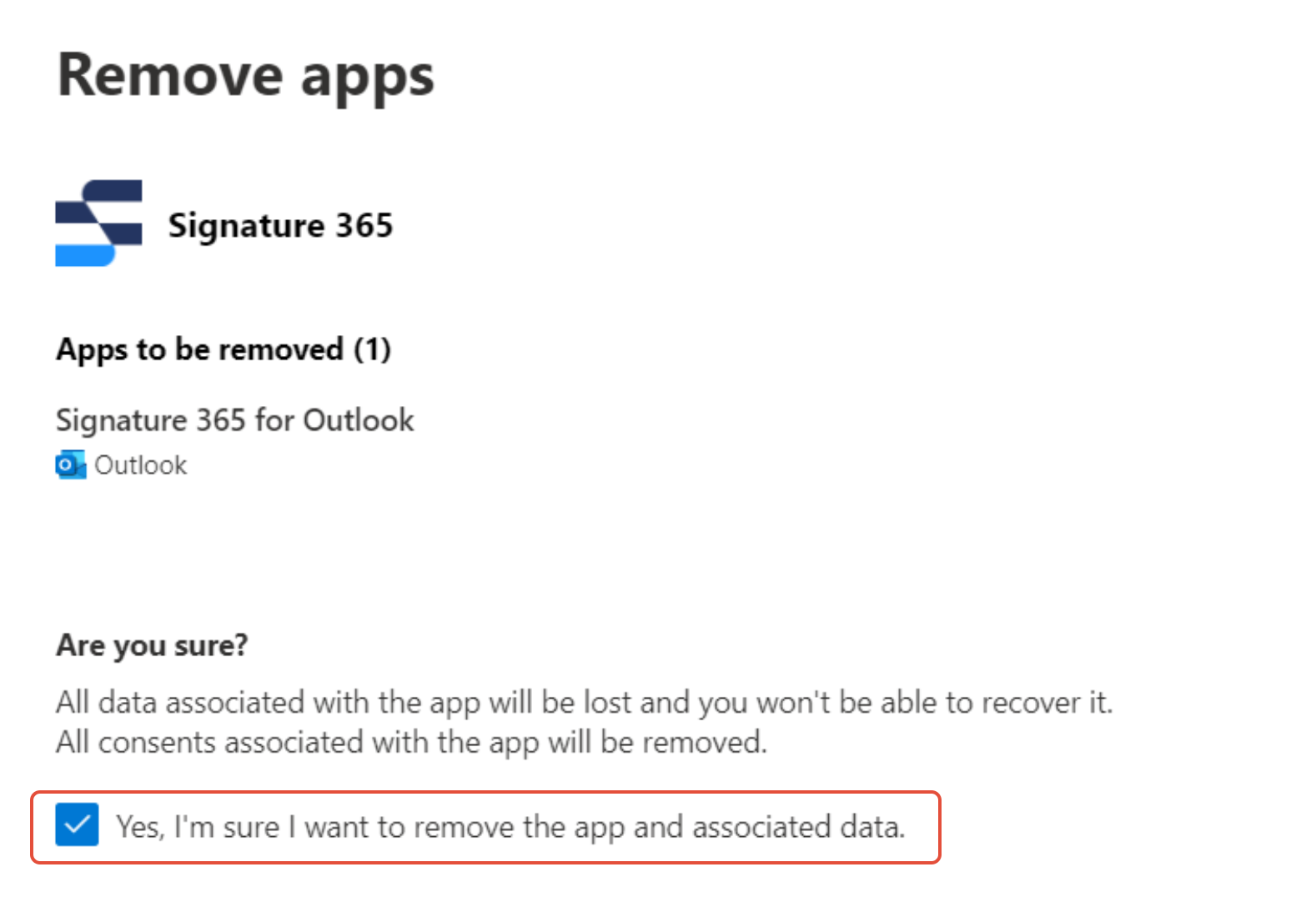 Confirmation dialog to remove Signature 365 app and associated data
