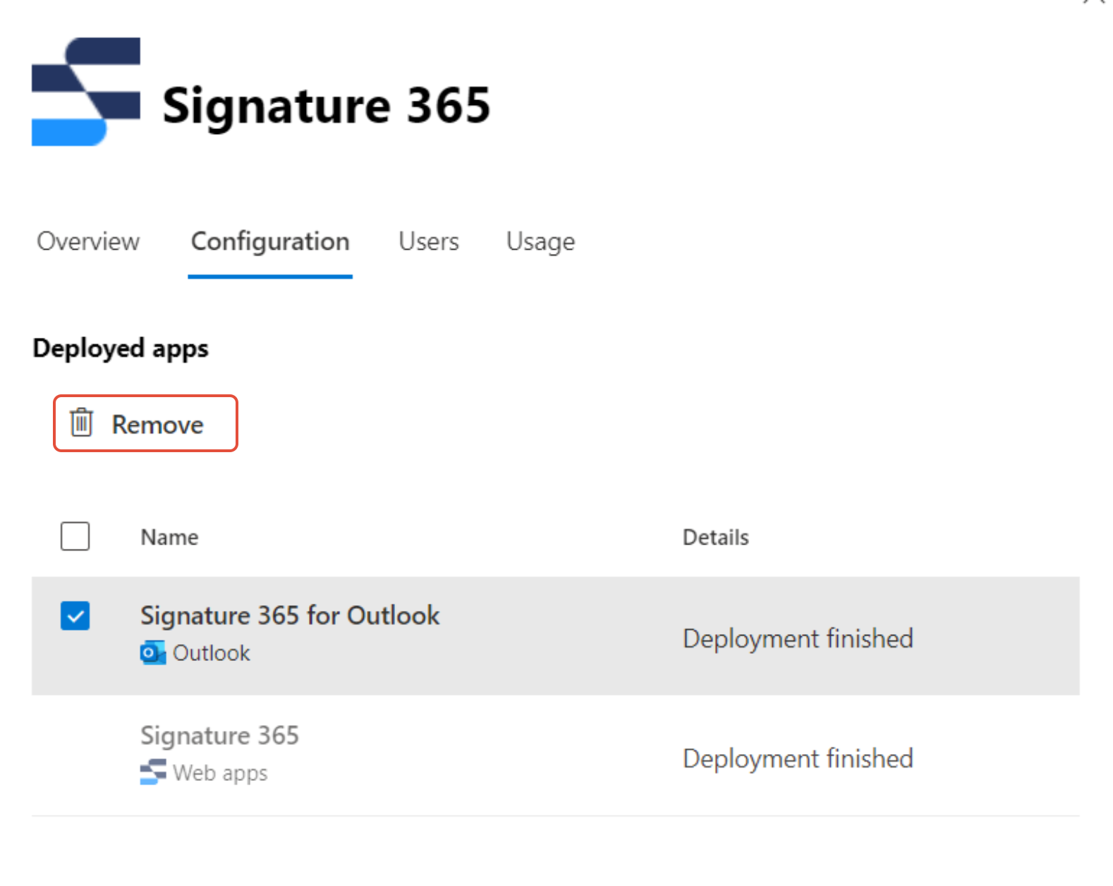 Integrated Apps Configuration tab with Signature 365 for Outlook tickbox and Remove option selected