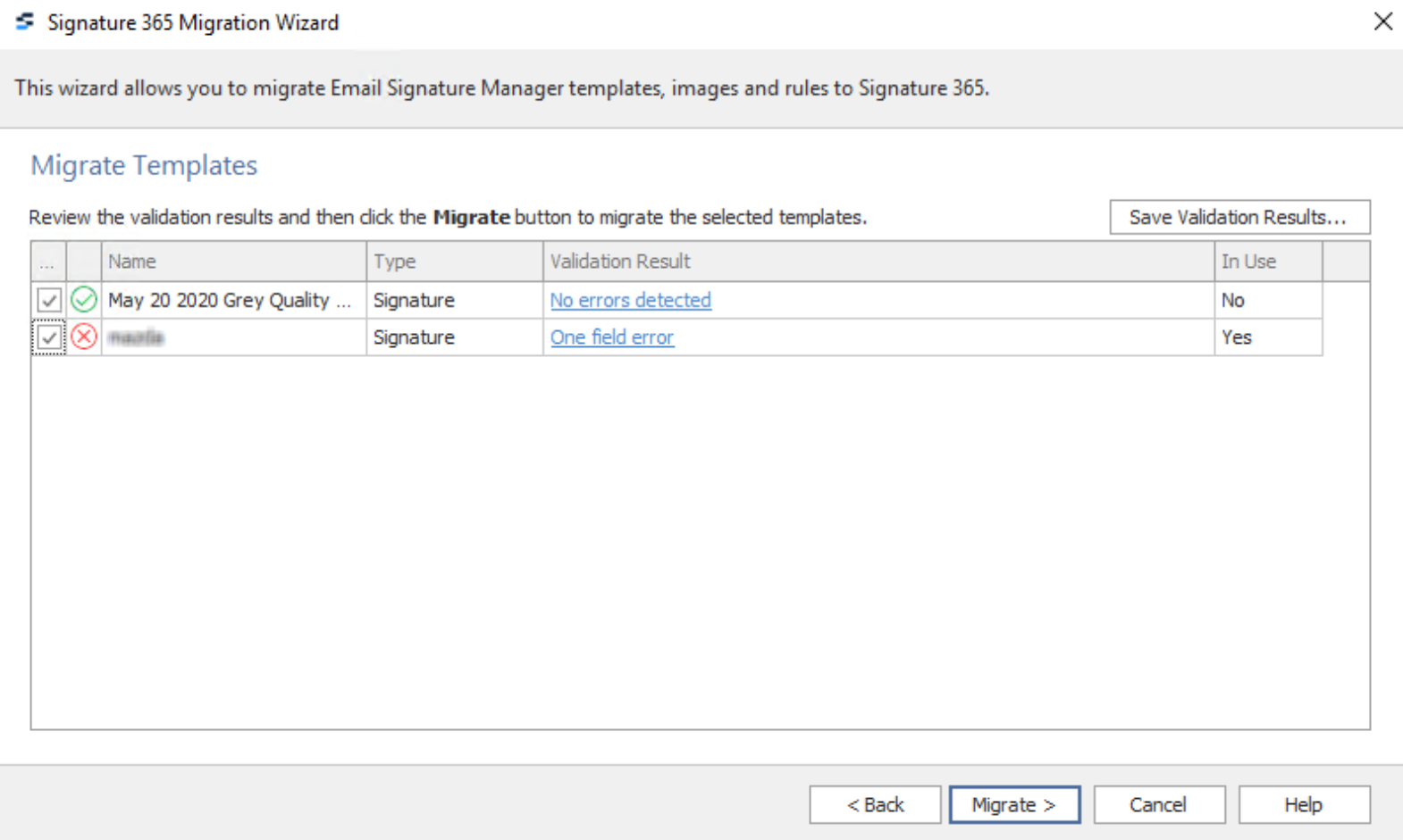 Migration wizard template list with errored templates deselected and Migrate button
