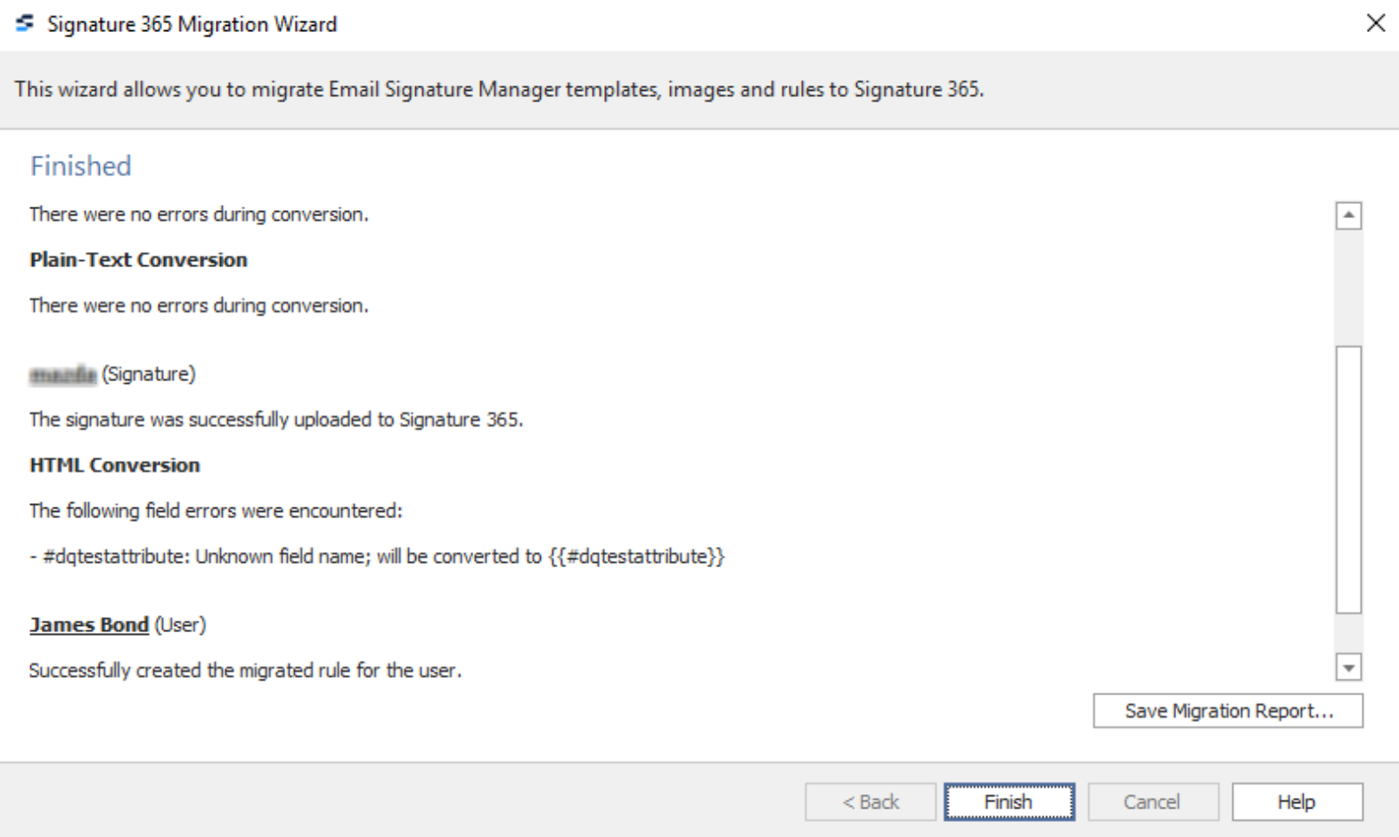 Migration wizard Migration Report screen with Save Migration Report button and Finish