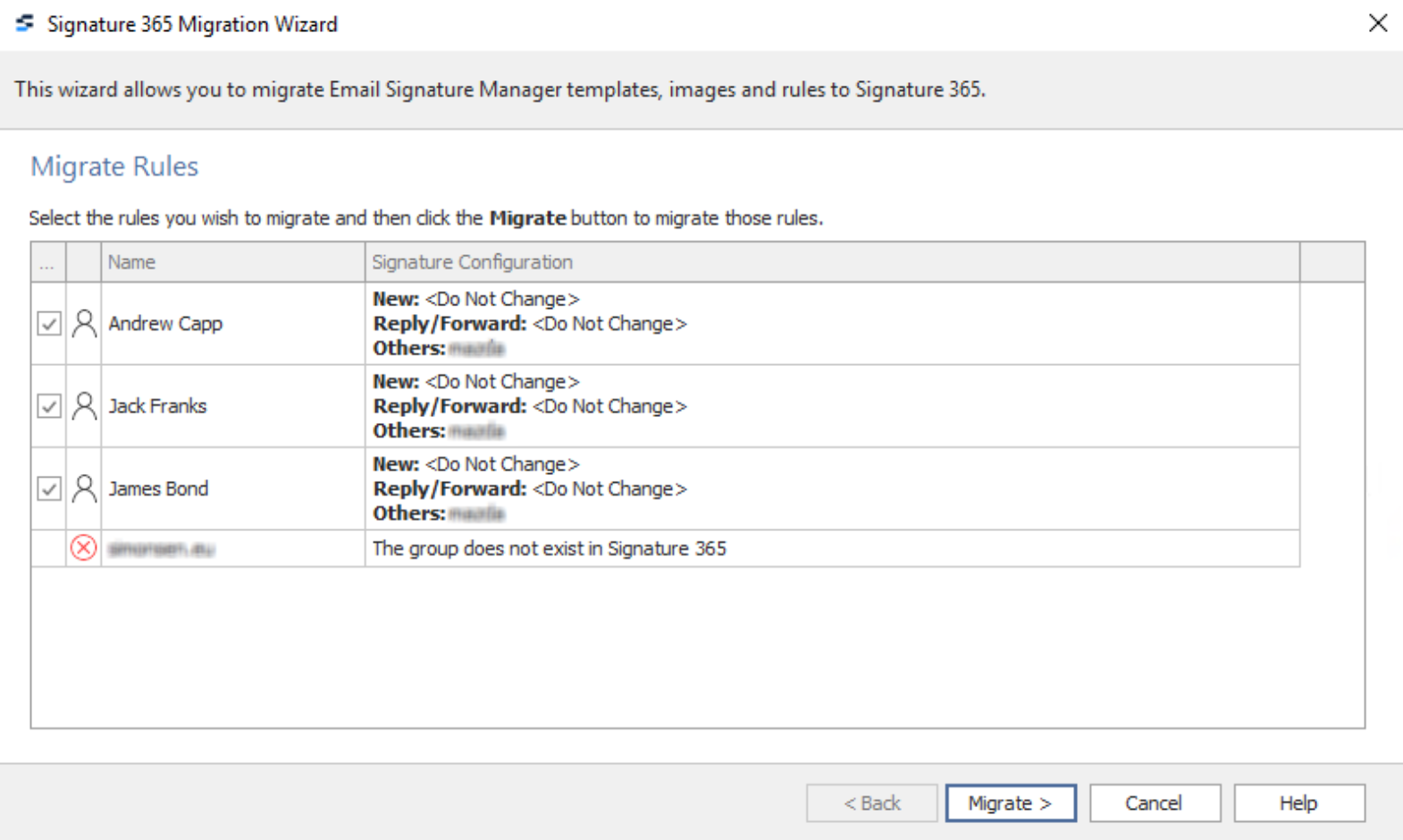 Migration wizard rules migration screen showing existing rules to migrate