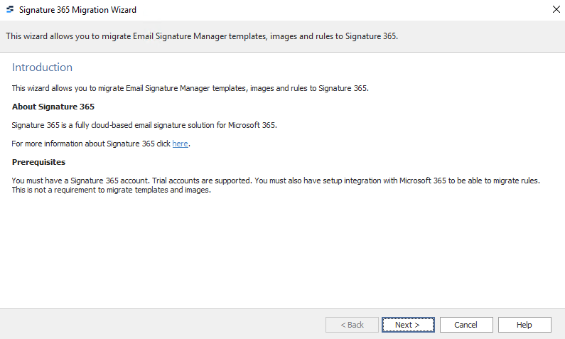 Signature 365 Migration Wizard welcome screen