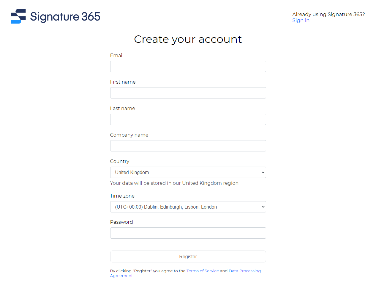 Signature 365 registration form with personal details and Register button