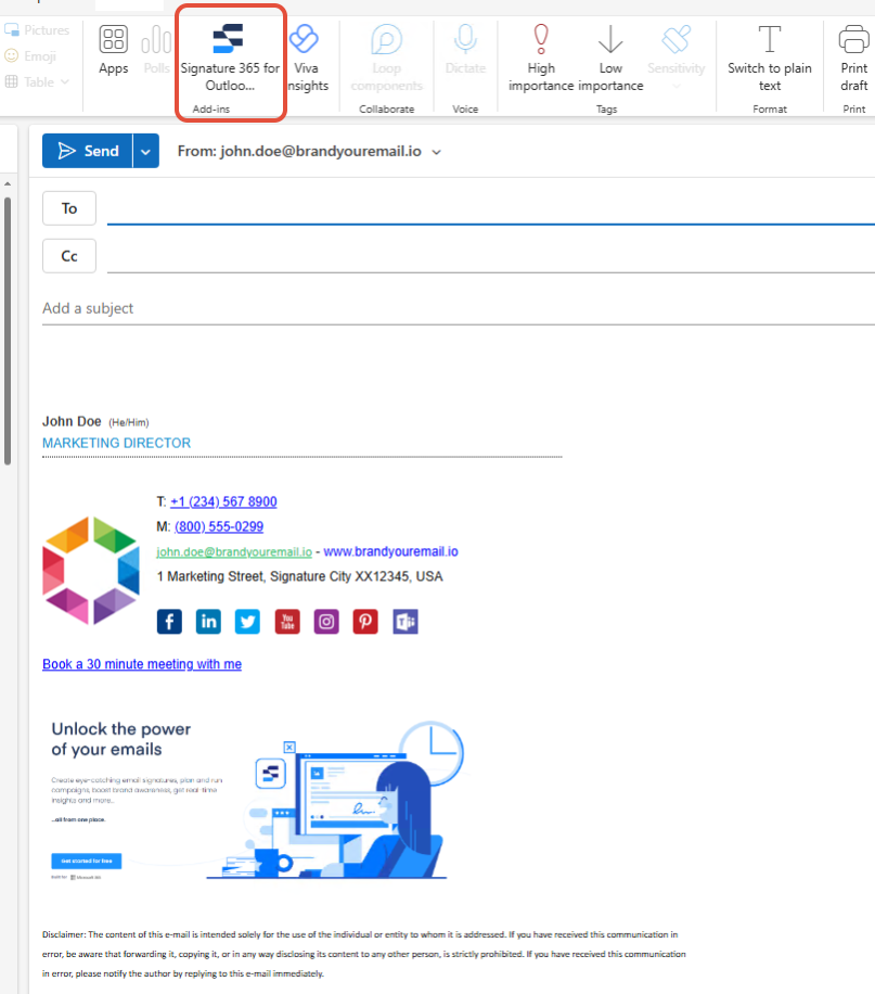 Signature 365 button location option 1 in the Outlook Web Access toolbar