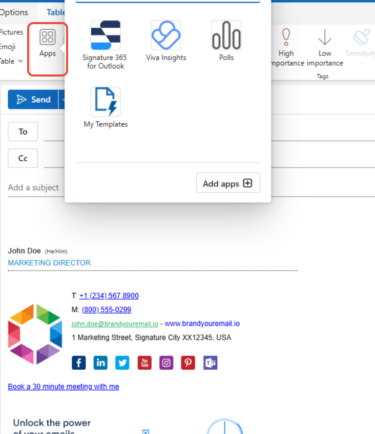 Signature 365 button location option 3 in the Outlook Web Access toolbar
