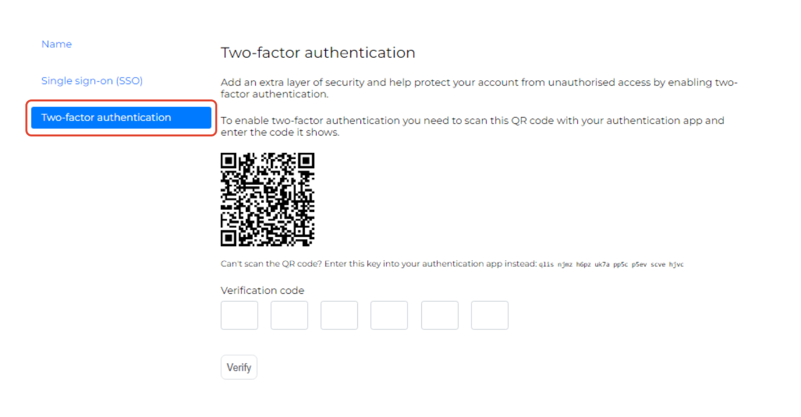 Manage page Two-factor authentication setup screen with steps to add a 2FA device