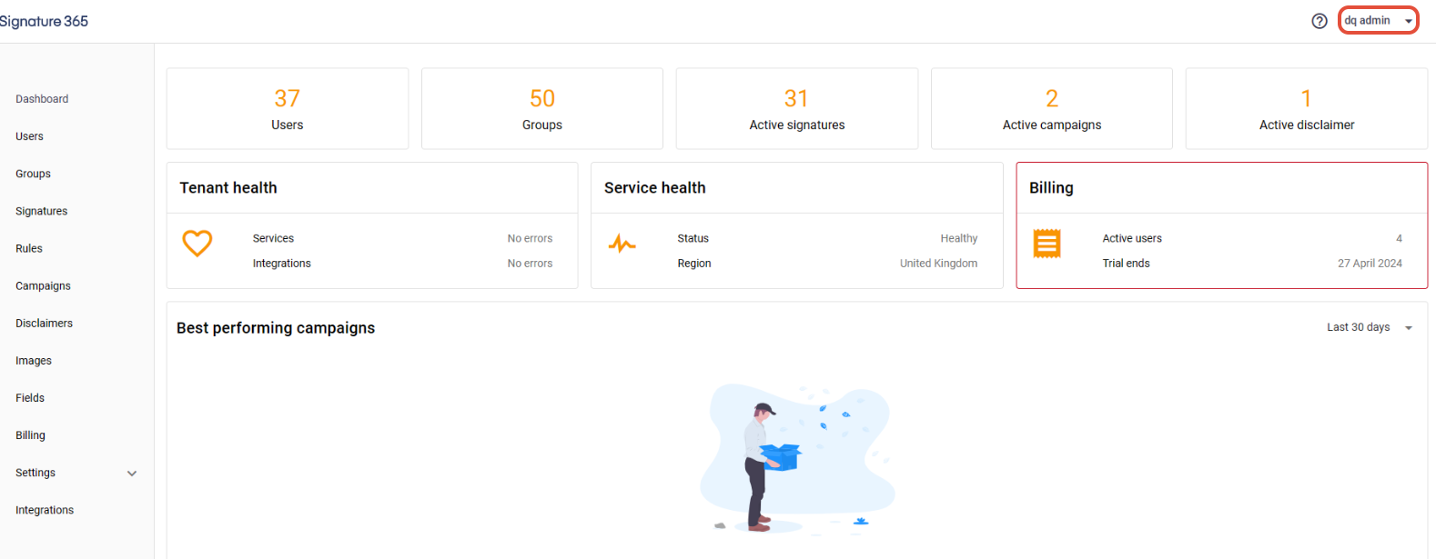 Signature 365 portal user dropdown menu in the top right corner of the page