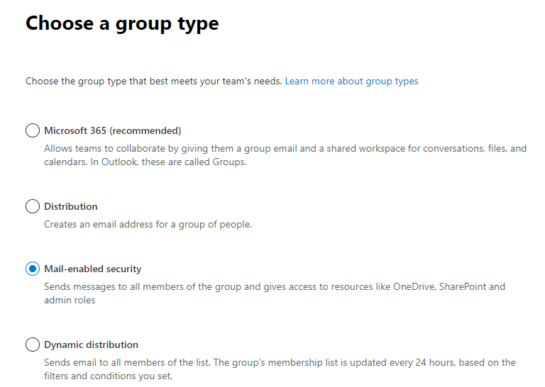 Group type selection with Mail-enabled security option