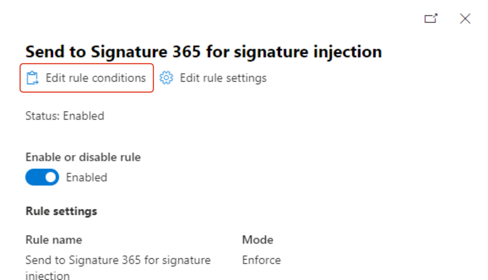 Transport rule flyout panel with Edit rule conditions option