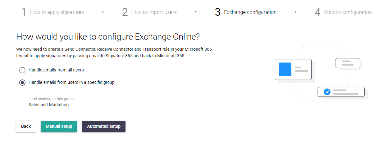 Signature 365 exchange setup page for updating the server-side injection group