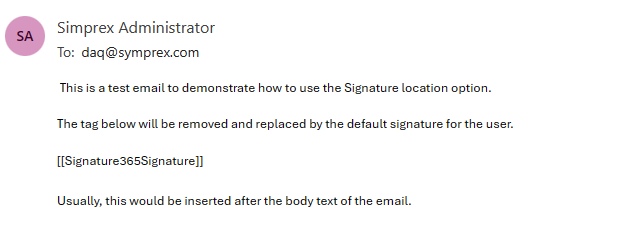 Email with Signature365Signature placeholder tag in the message body