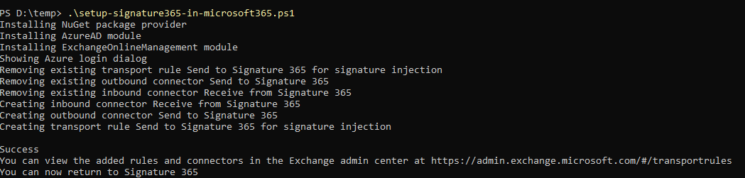 PowerShell script content for manual Exchange connector setup