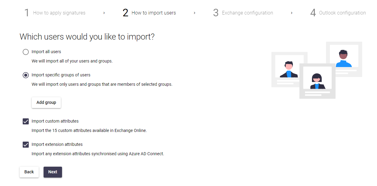 User import page with Add Group button for selecting groups