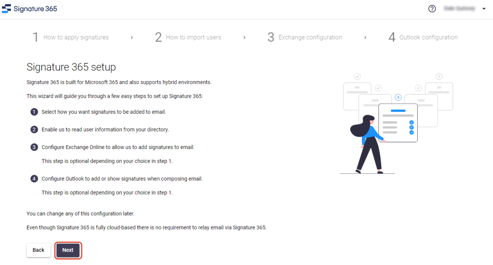 Signature 365 setup screen with Next button