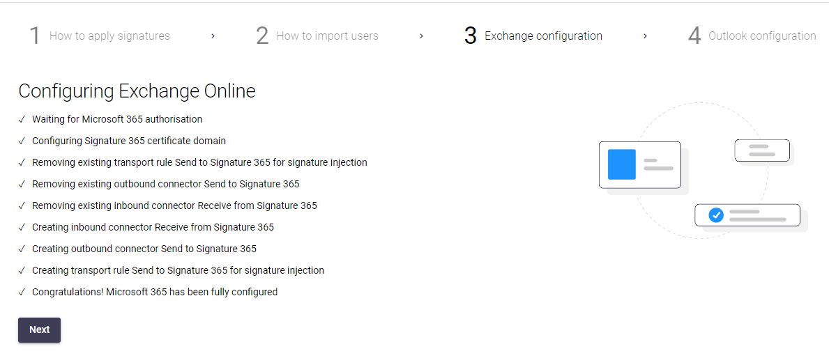 Exchange connector setup completion screen with Next button