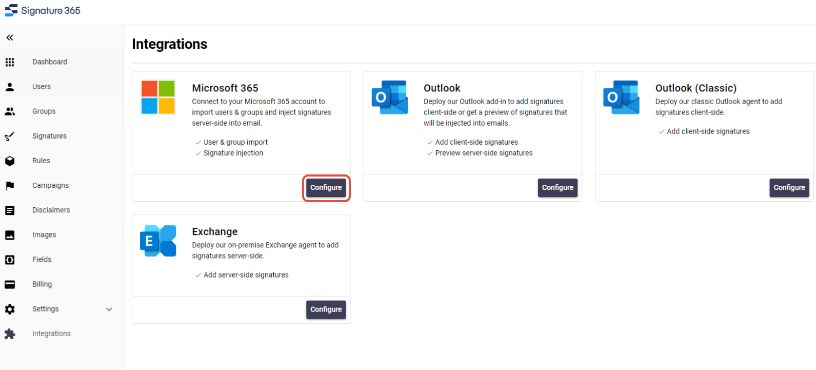 Signature 365 Integrations page with Microsoft 365 card and Configure option