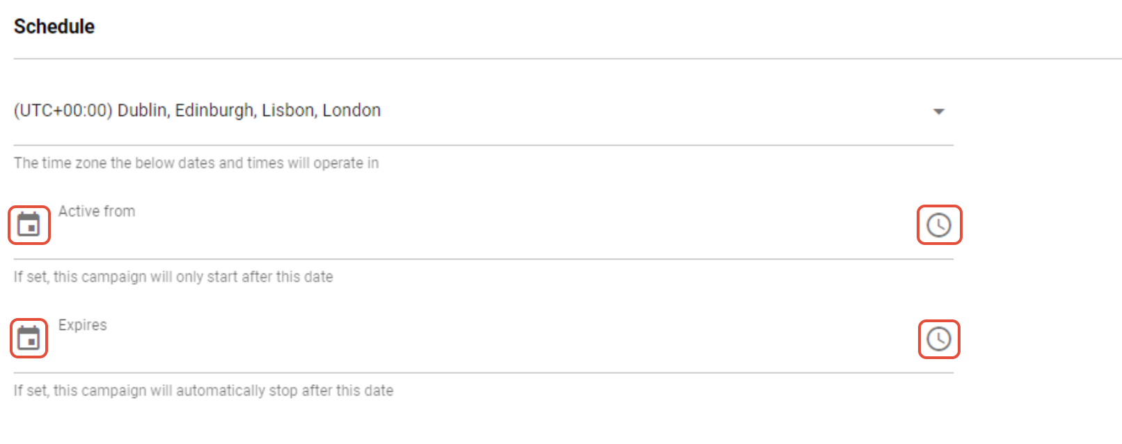 Campaign schedule settings with Active from and Expires date and time pickers