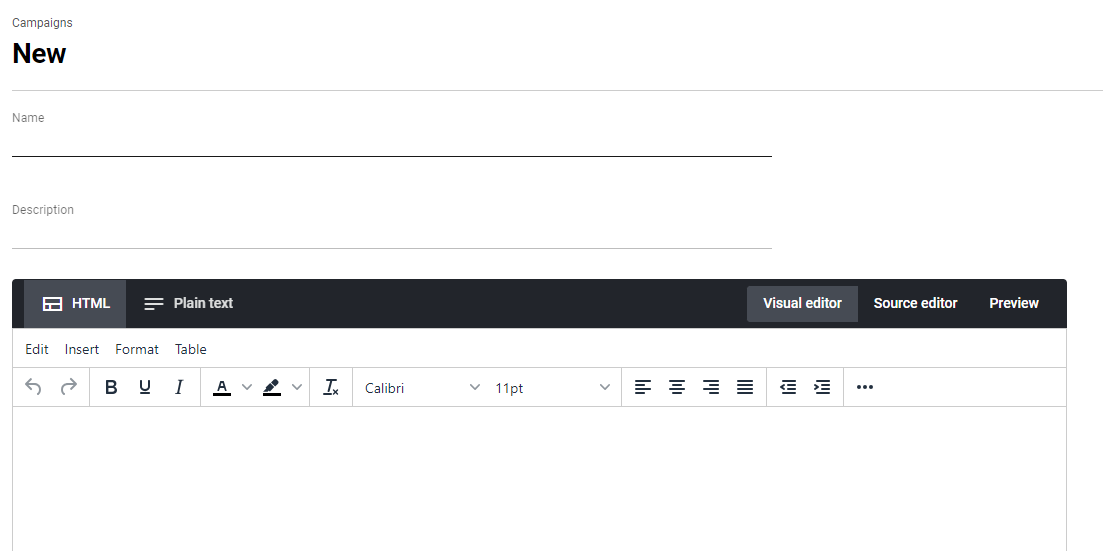 Signature 365 campaign template design editor showing name, description, and visual editor