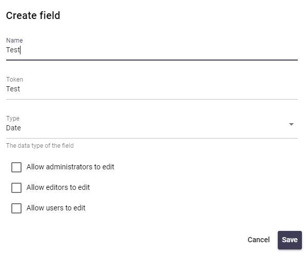 Signature 365 create custom field screen with Name and Token fields