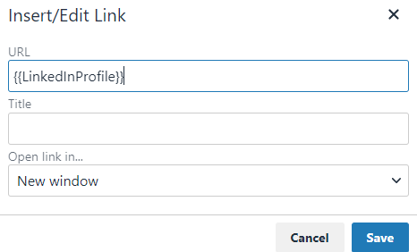 Template editor hyperlink dialog showing custom field token inserted as URL