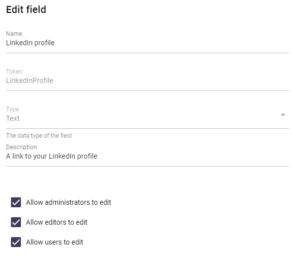 Custom field configuration for LinkedIn URL text field