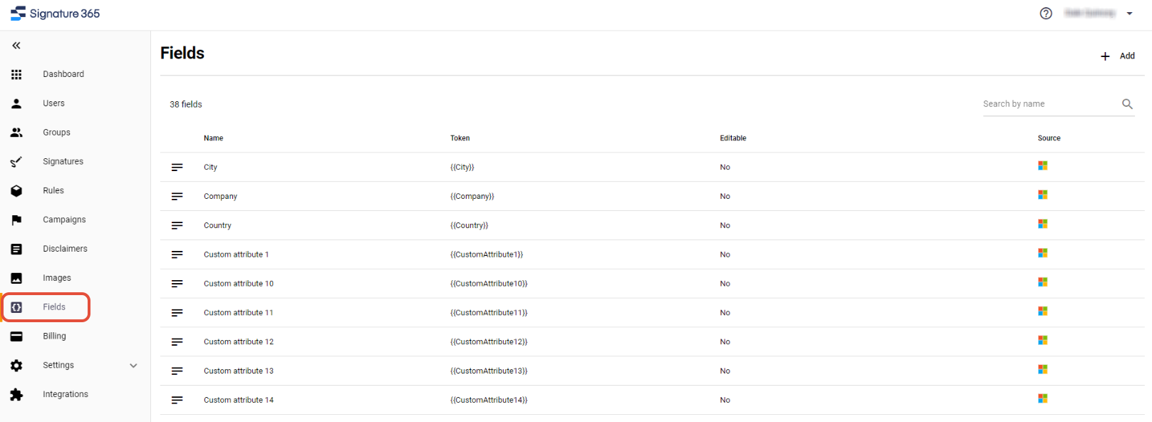 Signature 365 Fields screen listing all imported fields from Microsoft 365