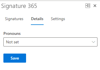 Signature 365 Outlook add-in Details tab showing the pronouns custom field