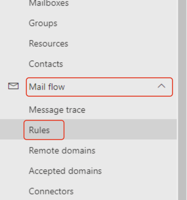 Exchange admin centre Mail flow Rules menu