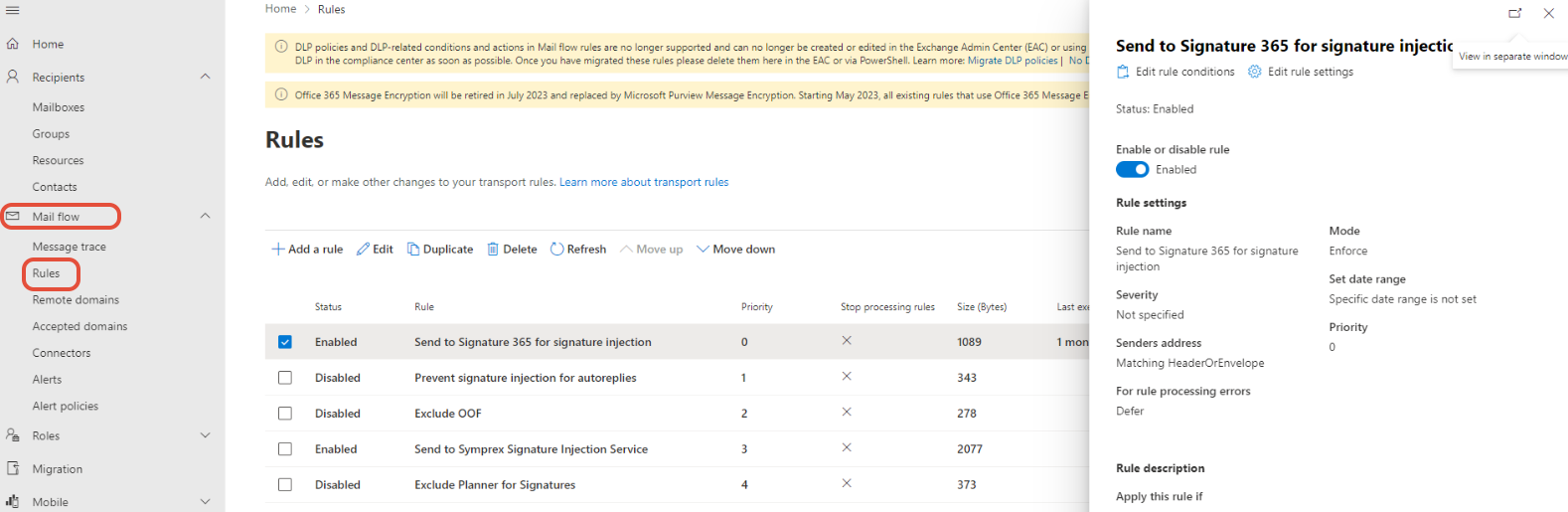 Exchange admin centre Mail flow Rules page