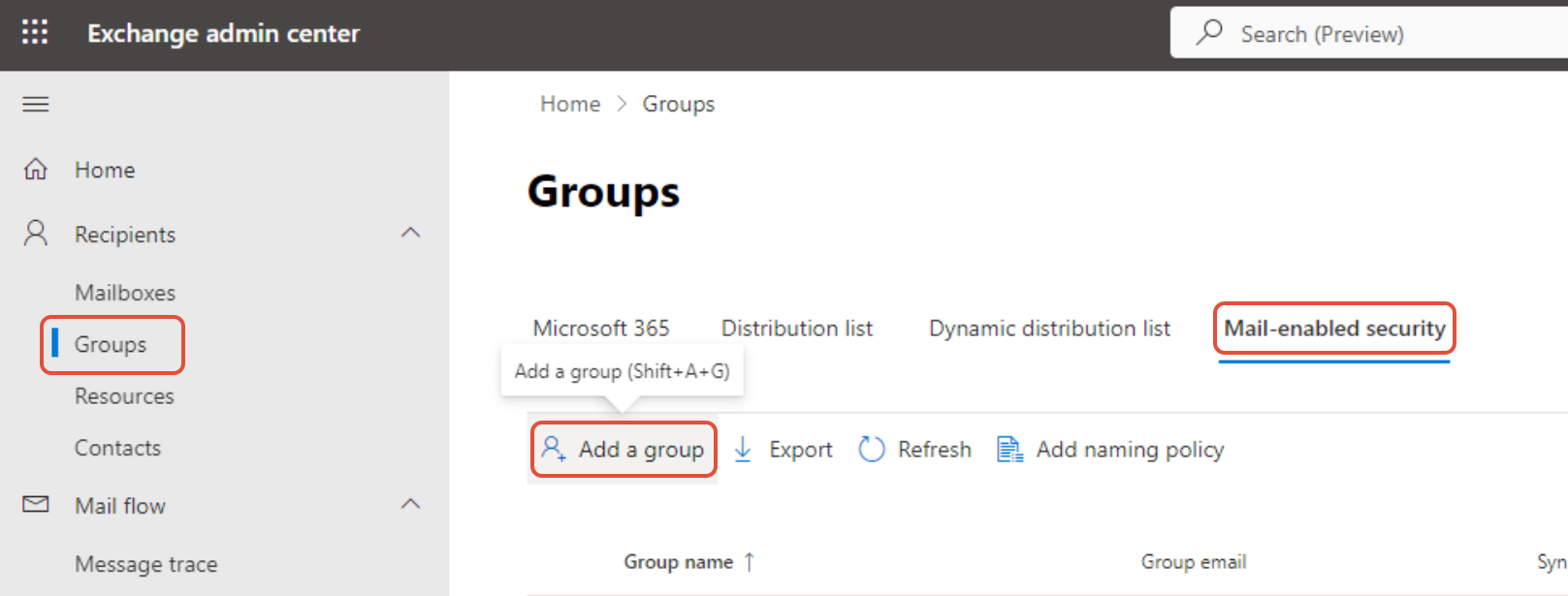 Add a group button with Mail-enabled Security option