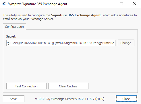 Exchange Agent configuration dialog with secret key field